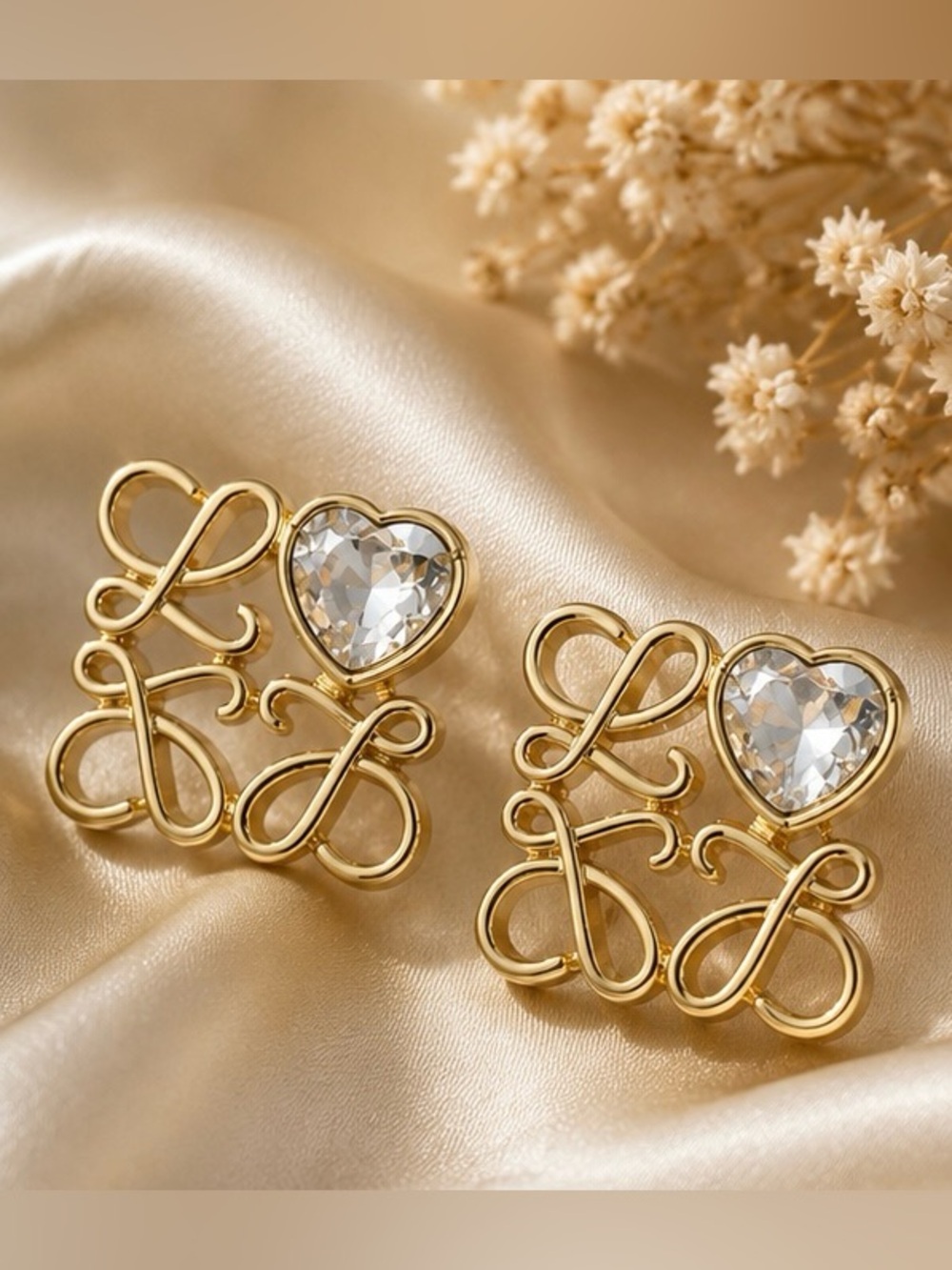 Gold Tone Heart Crystal Statement Stud Earrings Romantic Glam